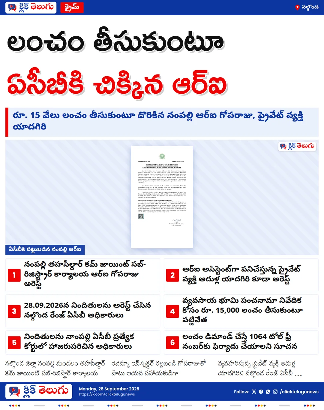లంచం తీసుకుంటూ ఏసీబీకి చిక్కిన ఆర్ఐ