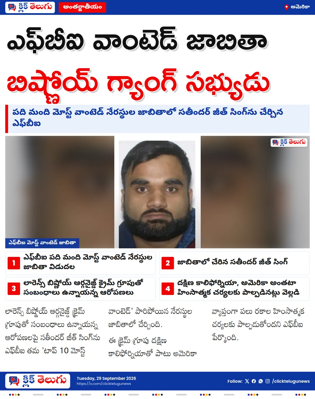 ఎఫ్‌బీఐ మోస్ట్ వాంటెడ్ లిస్ట్‌లో బిష్ణోయ్ గ్యాంగ్ సభ్యుడు