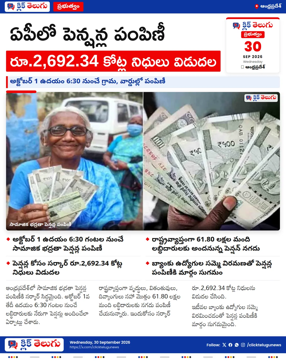 ఏపీలో అక్టోబర్ 1 నుంచే పెన్షన్ల పంపిణీ