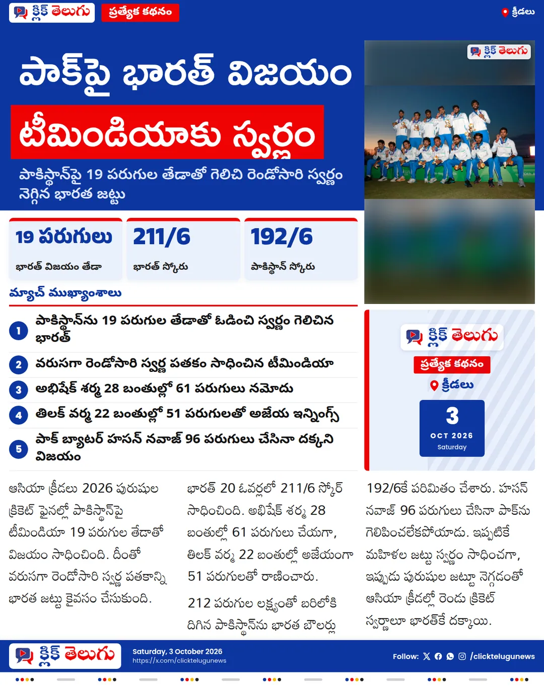 పాక్పై భారత్ విజయం.. ఆసియా క్రీడల్లో టీమిండియాకు స్వర్ణం