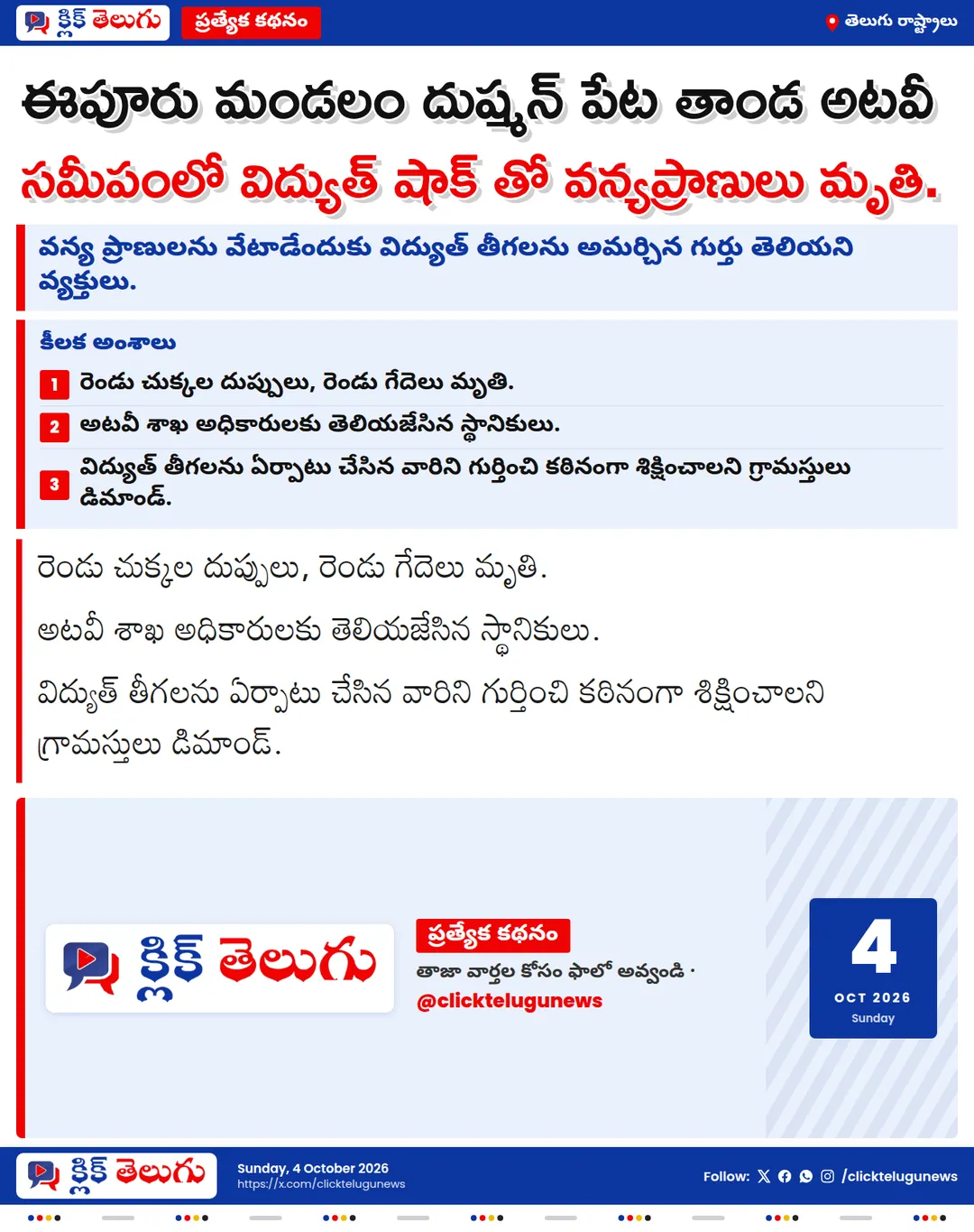ఈపూరు మండలం దుష్మన్ పేట తాండ అటవీ సమీపంలో విద్యుత్ షాక్ తో వన్యప్రాణులు మృతి.