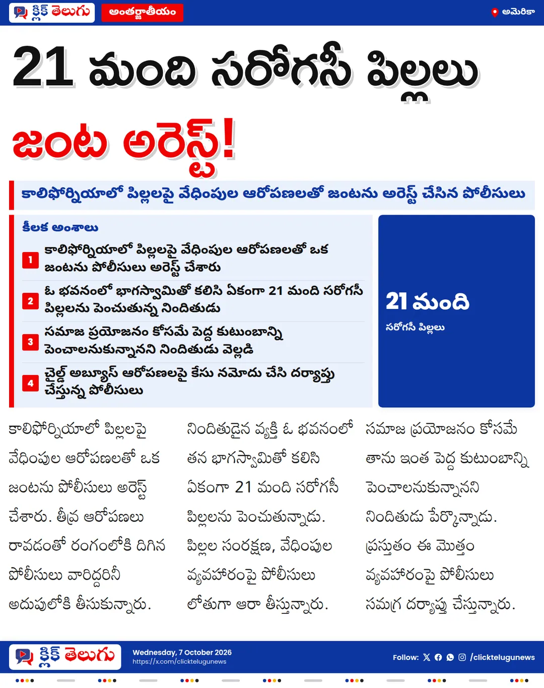 21 మంది సరోగసీ పిల్లల వ్యవహారం.. కాలిఫోర్నియాలో జంట అరెస్ట్