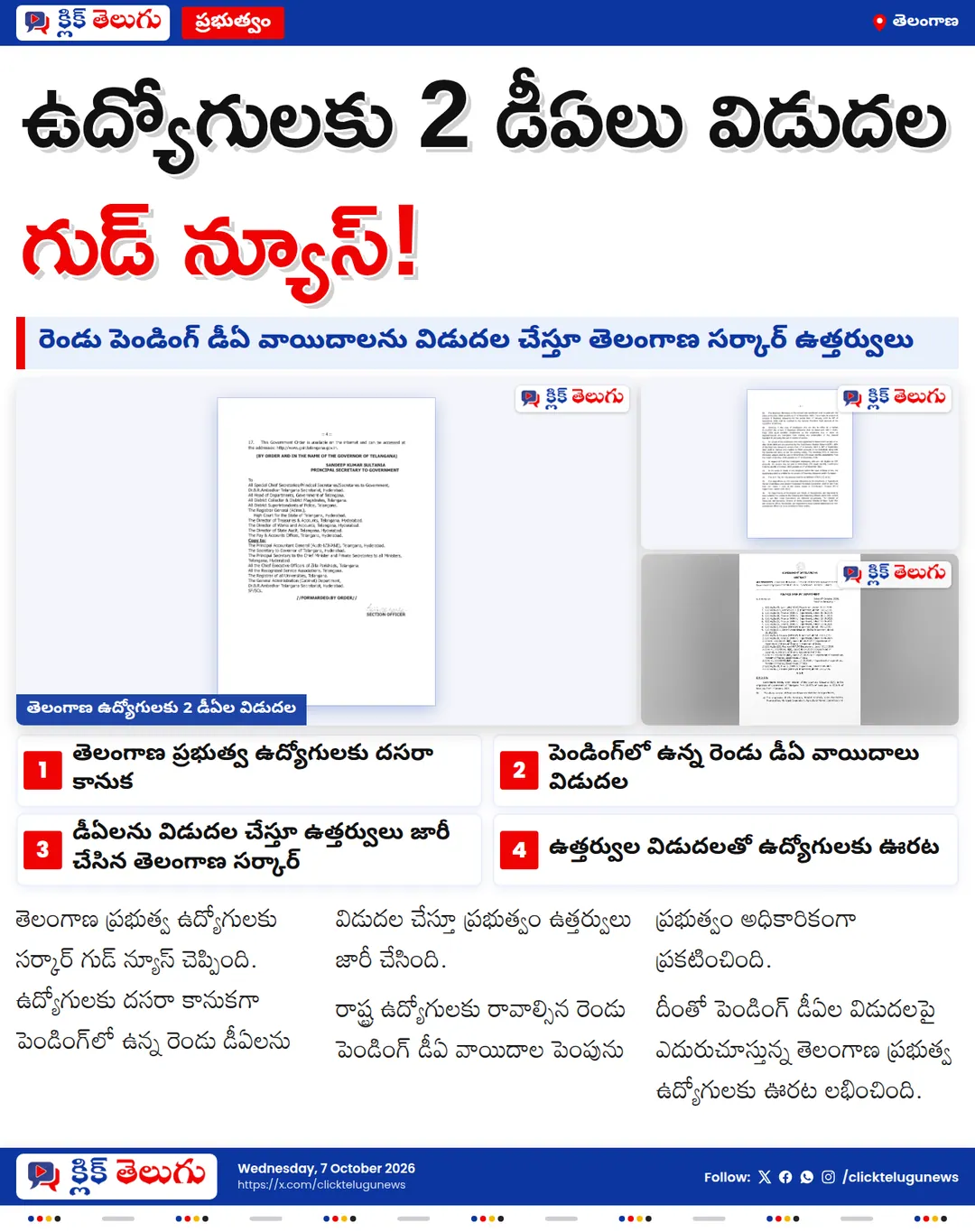 తెలంగాణ ఉద్యోగులకు గుడ్ న్యూస్.. పెండింగ్ డీఏల విడుదల