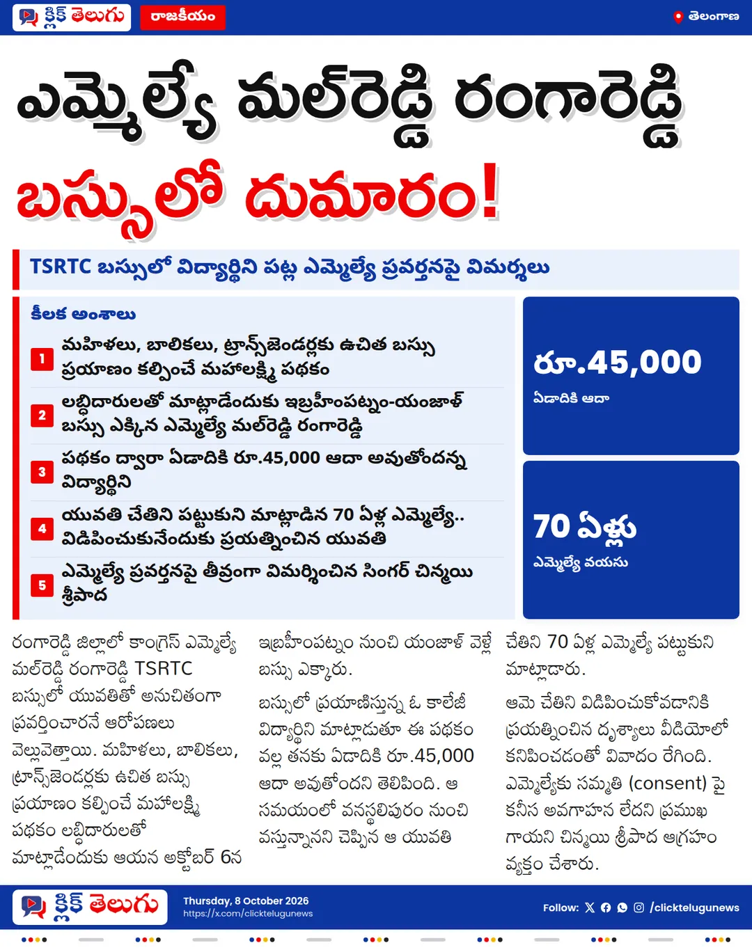 కాంగ్రెస్ ఎమ్మెల్యే మల్‌రెడ్డి రంగారెడ్డి తీరుపై విమర్శలు.. TSRTC బస్సులో యువతితో అనుచిత ప్రవర్తన ఆరోపణలు