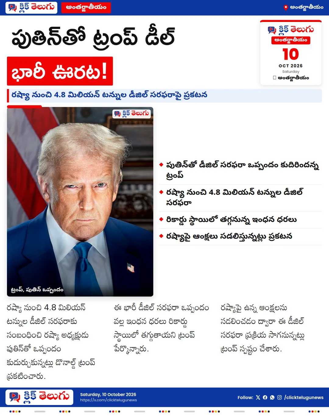 పుతిన్తో ట్రంప్ బిగ్ డీల్.. భారీగా తగ్గనున్న ఇంధన ధరలు