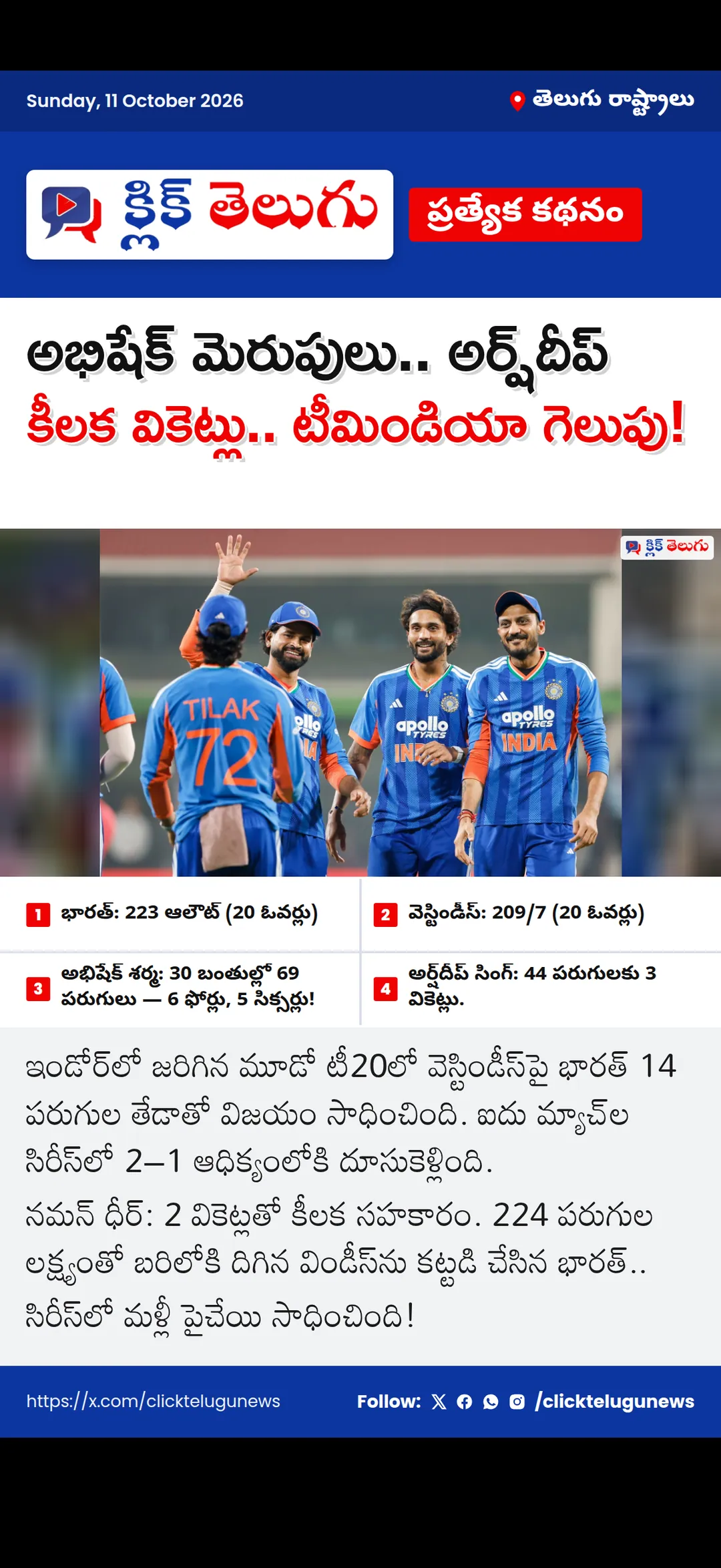 అభిషేక్‌ మెరుపులు.. అర్ష్‌దీప్‌ కీలక వికెట్లు.. టీమిండియా గెలుపు!