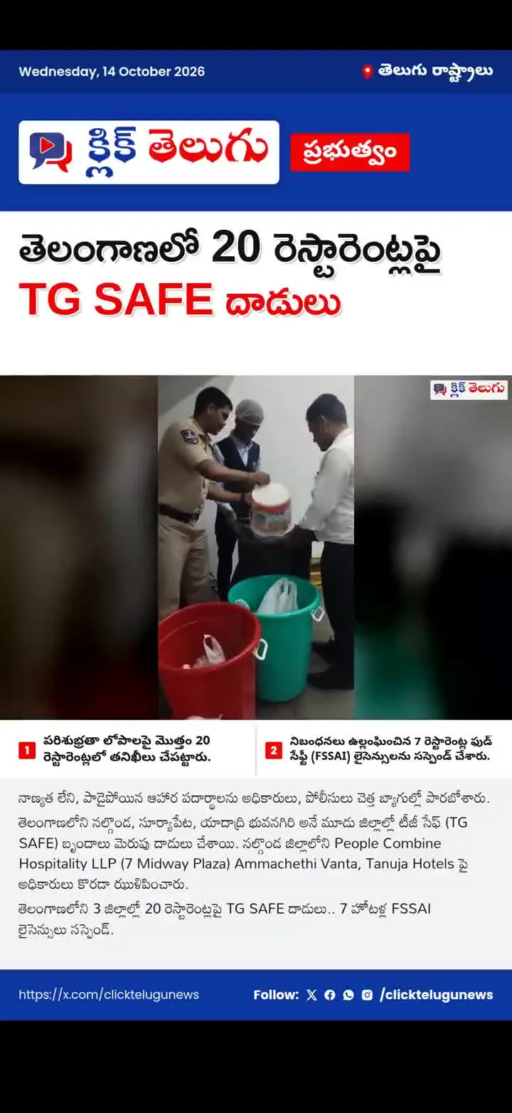 తెలంగాణలో 20 రెస్టారెంట్లపై TG SAFE దాడులు