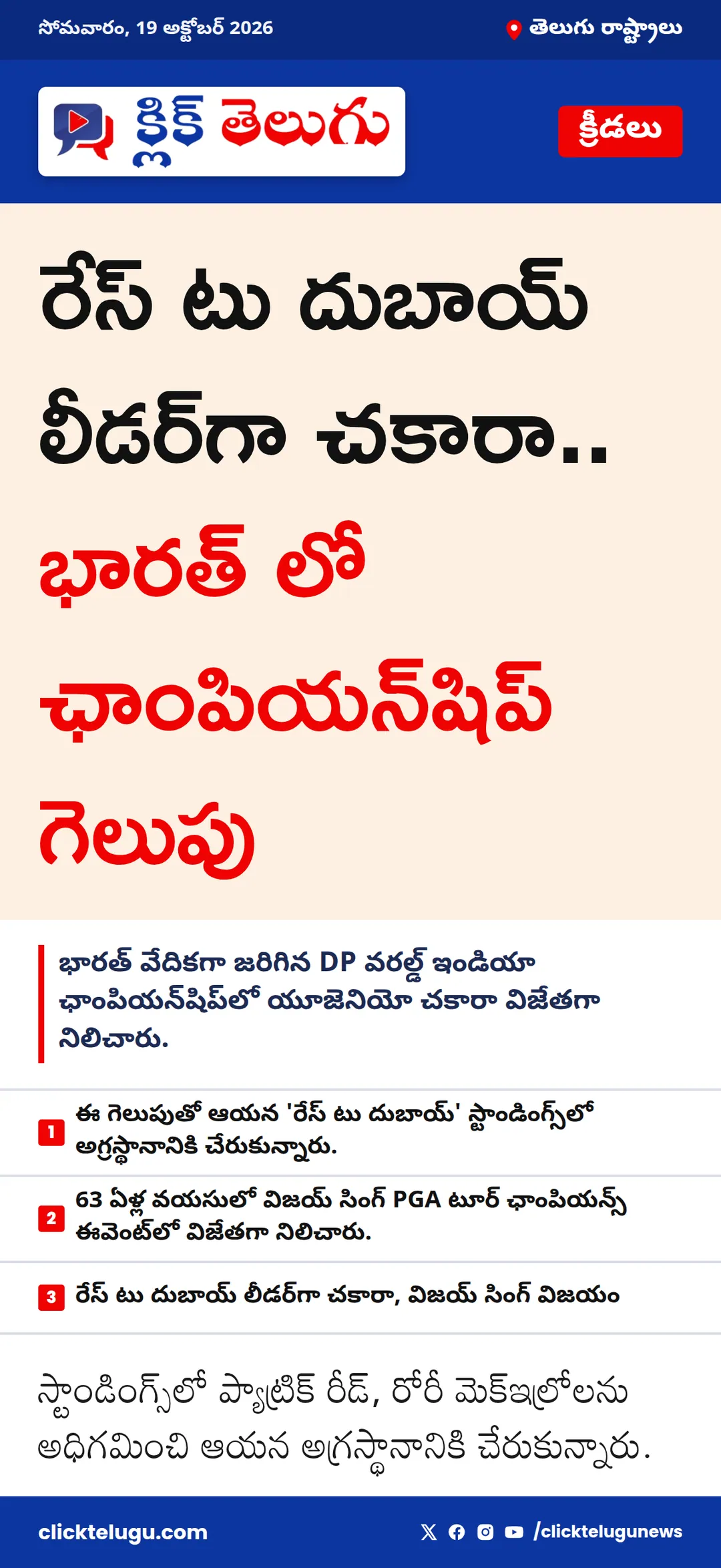 రేస్ టు దుబాయ్ లీడర్‌గా చకారా.. భారత్ లో ఛాంపియన్‌షిప్ గెలుపు