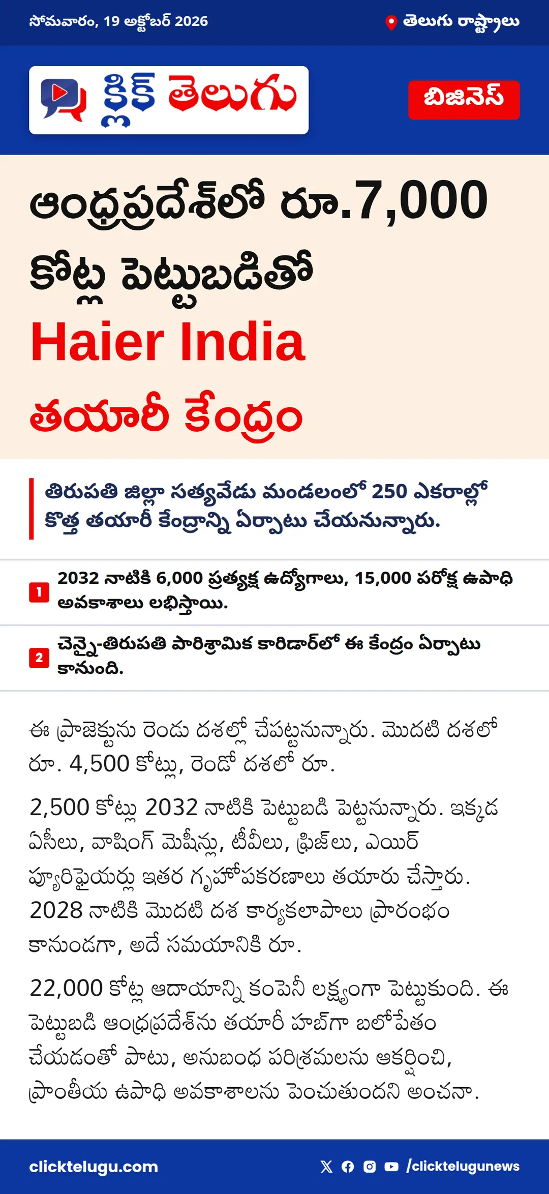 ఆంధ్రప్రదేశ్‌లో రూ.7,000 కోట్ల పెట్టుబడితో Haier India తయారీ కేంద్రం