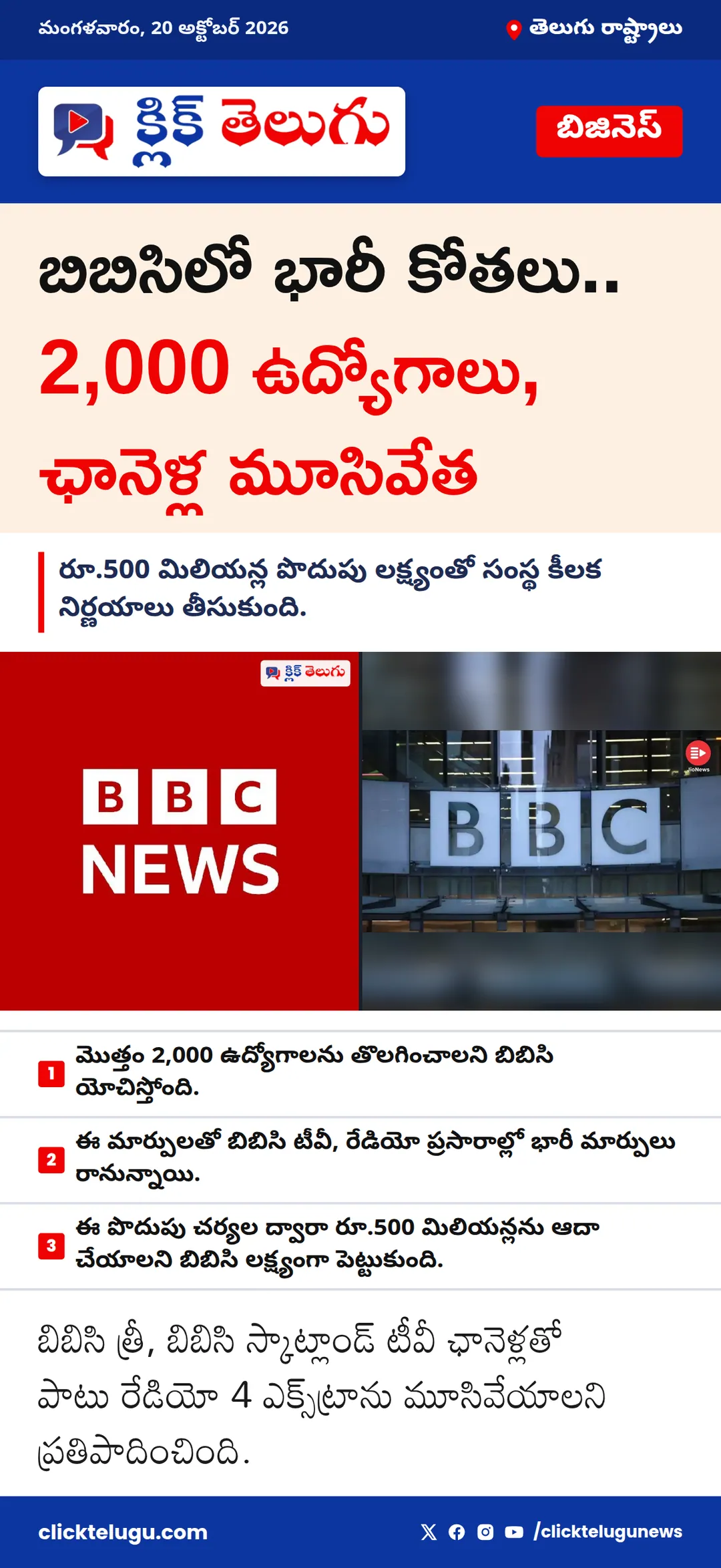 బిబిసిలో భారీ కోతలు.. 2,000 ఉద్యోగాలు, ఛానెళ్ల మూసివేత