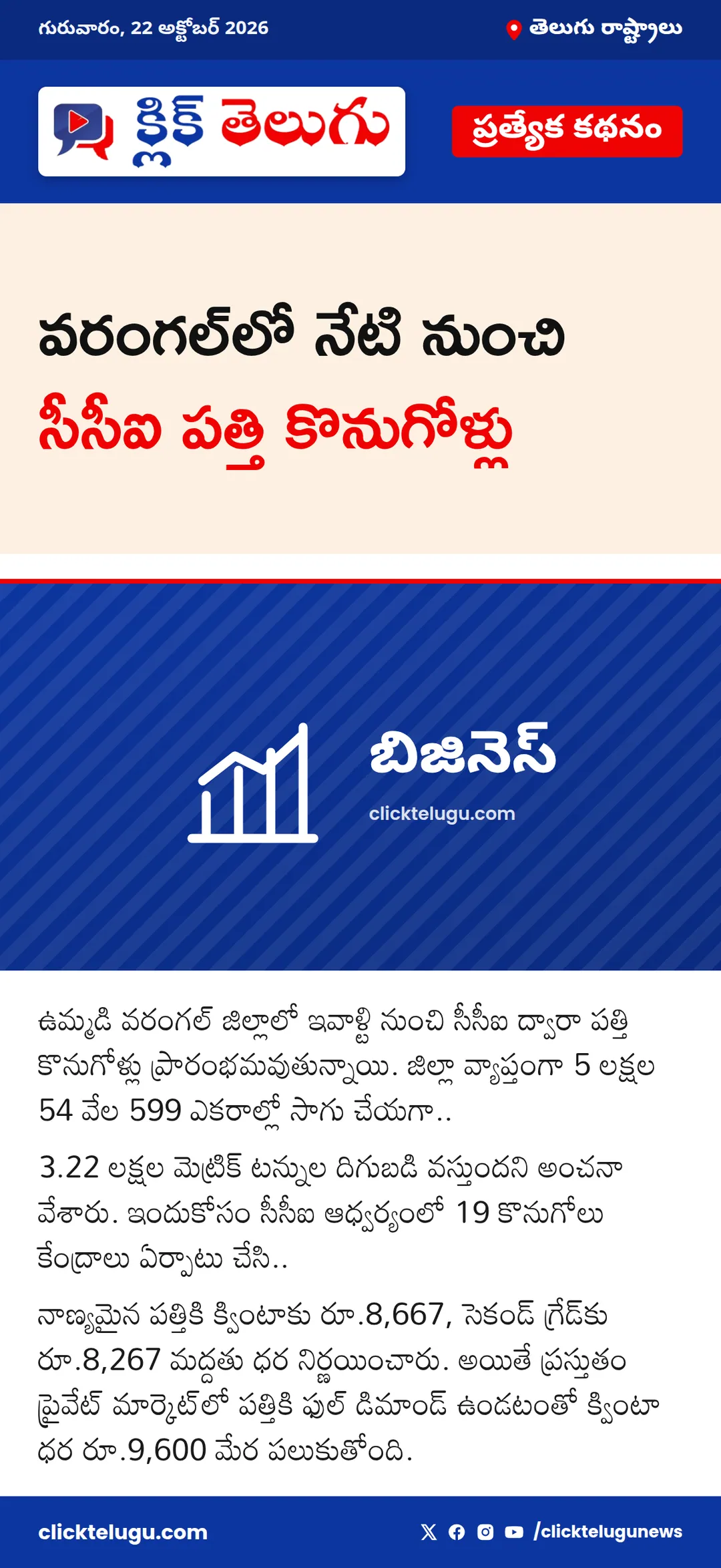 వరంగల్‌లో నేటి నుంచి సీసీఐ పత్తి కొనుగోళ్లు