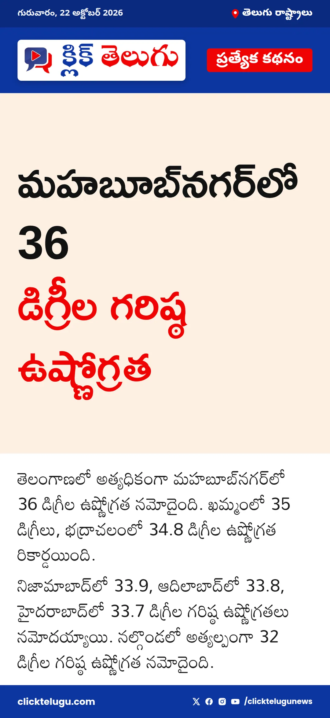 మహబూబ్‌నగర్‌లో 36 డిగ్రీల గరిష్ఠ ఉష్ణోగ్రత
