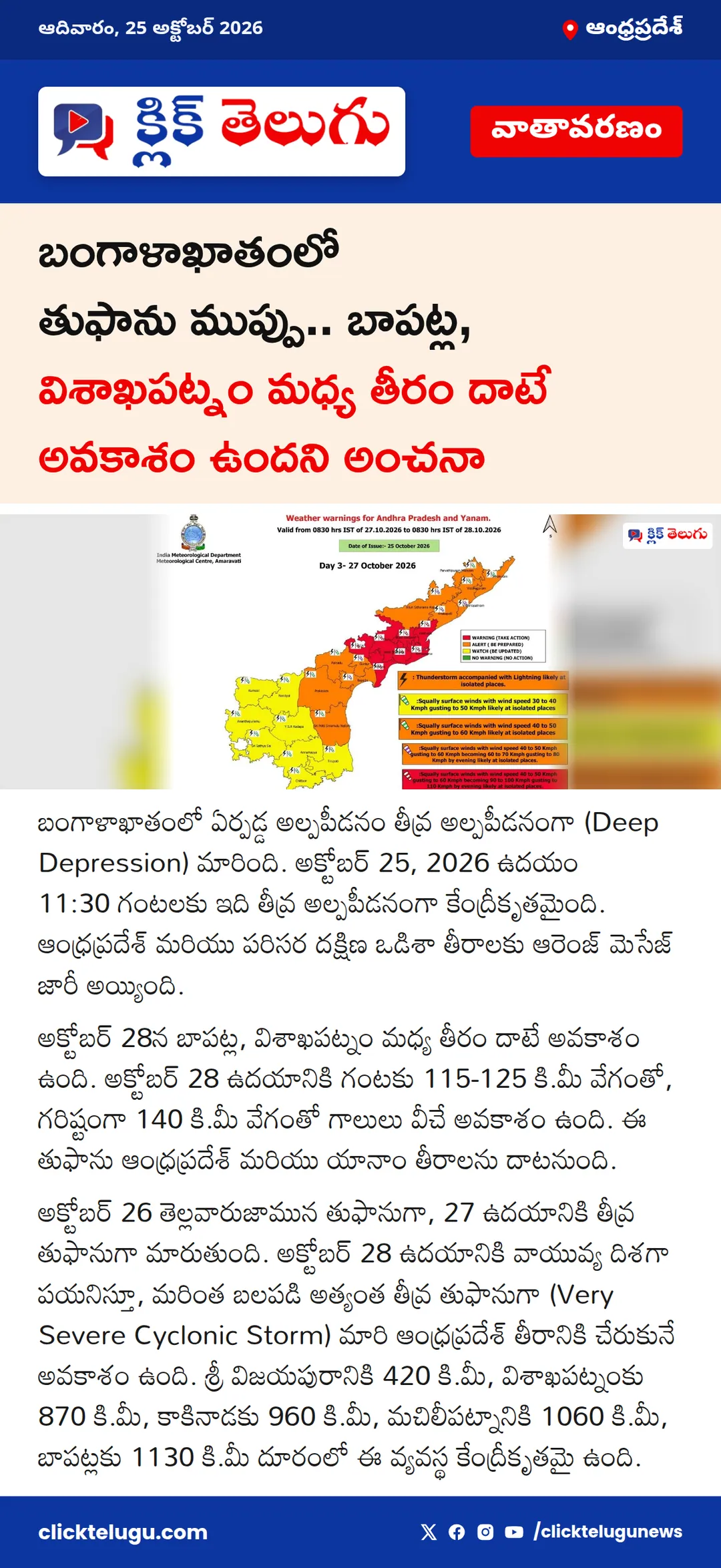 బంగాళాఖాతంలో తుఫాను ముప్పు.. బాపట్ల, విశాఖపట్నం మధ్య తీరం దాటే అవకాశం ఉందని అంచనా