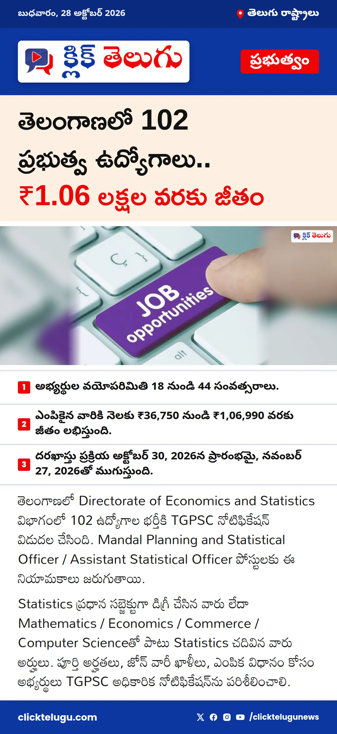 తెలంగాణలో 102 ప్రభుత్వ ఉద్యోగాలు.. ₹1.06 లక్షల వరకు జీతం